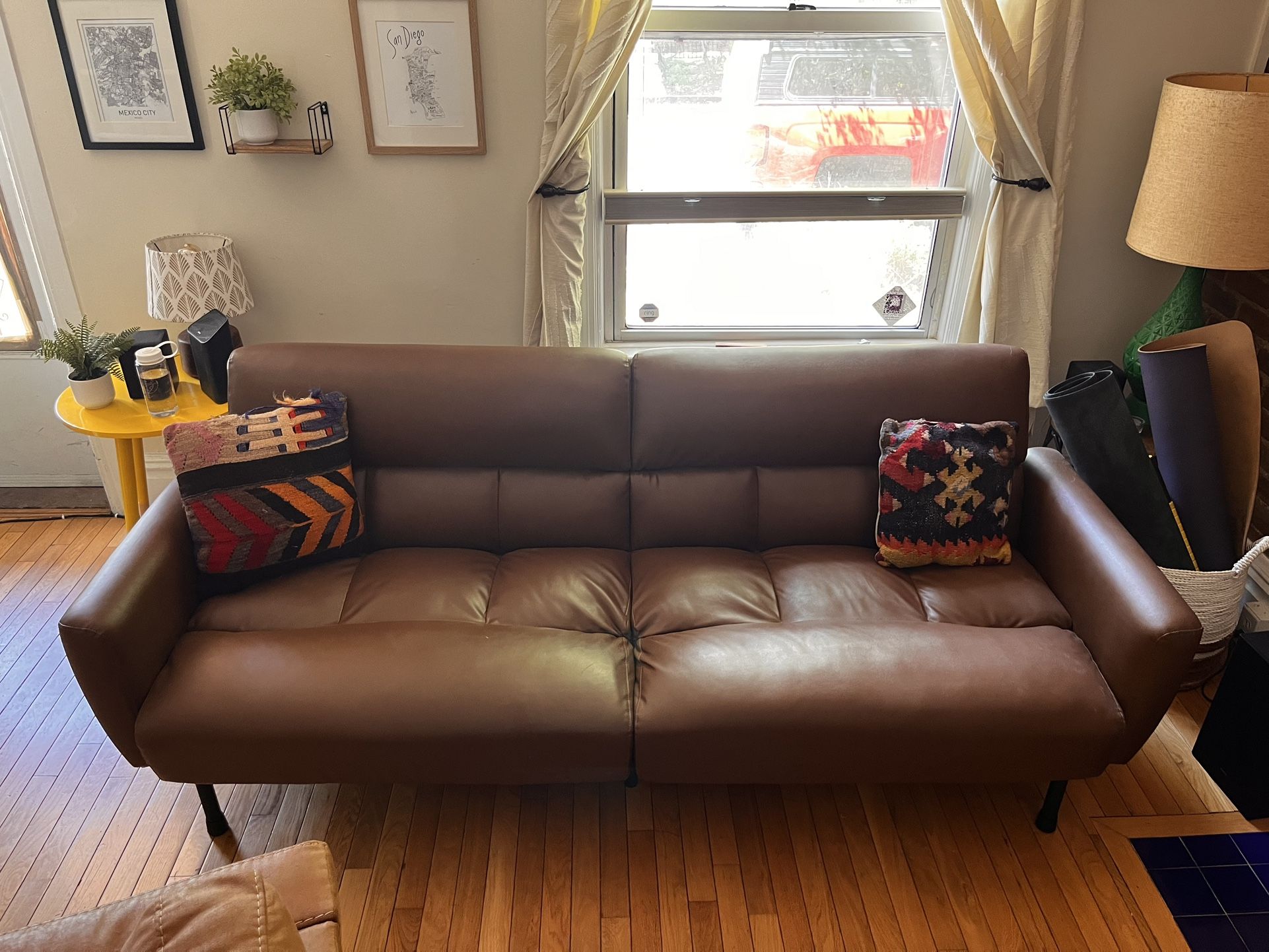 Mid-Century Modern Faux Leather Couch – 80” Long, Converts to Futon