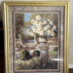 Beautiful Frame Art: Garden Flower/Vase With Light Yellow Roses: Gold Wood Frame 31 1/2” H X 25 1/2” W