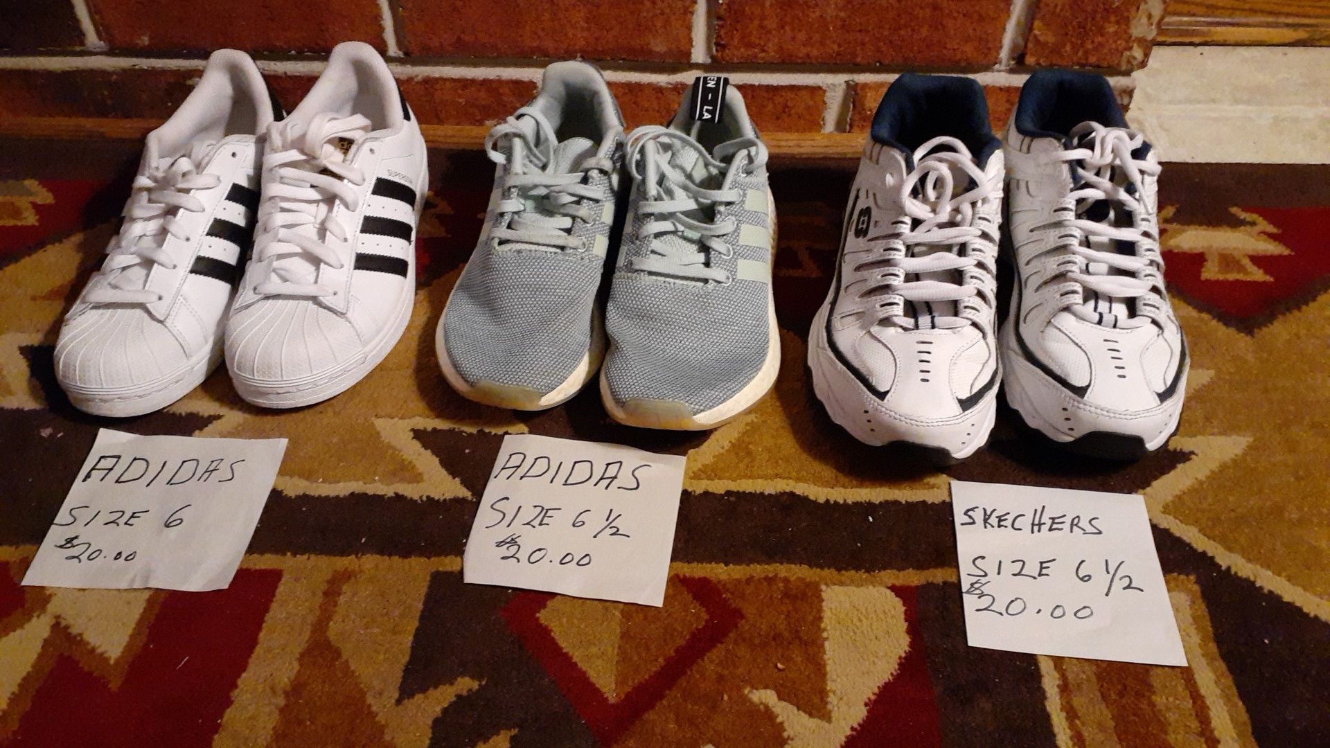 ADIDAS LADIES TENNIS SHOES ONE IS SIZE 6 THE OTHER ONE IS DIZE 6 AND A HALF ..THE SKECHERS IS A 6 AND HALF $20 EACH.