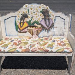 Hand-Carved Mexican Folk Art Wooden Bench – Floral & Figure Design with Cushion

