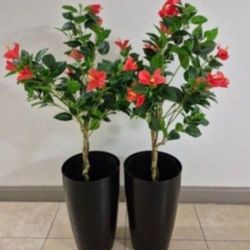 *** NEW LOW PRICE *** PAIR of Red Faux Hibiscuses in 22" Black Resin Planters @ Lasting Creations