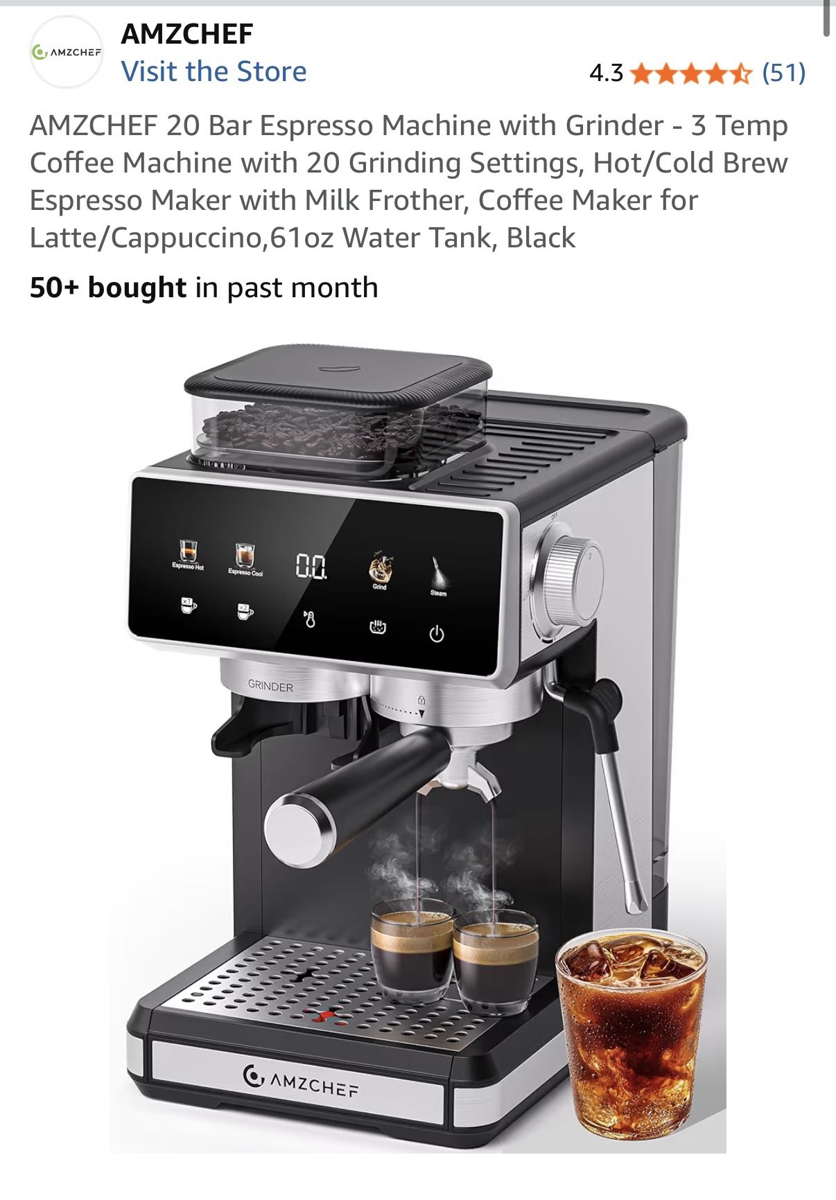 AMZCHEF 20 Bar Espresso Machine with Grinder - 3 Temp Coffee Machine with 20 Grinding Settings,