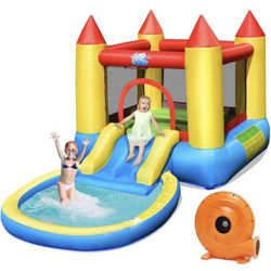 HONEY JOY Inflatable Water Slide, Toddler Water Bounce House Bouncy Park Castle w/Slide, Ocean Ball Pit, Indoor Outdoor Blow up Water Slides Inflatabl