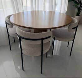 Modern 47” Round Wood Dining Table + 4 Cream Bouclé Chairs