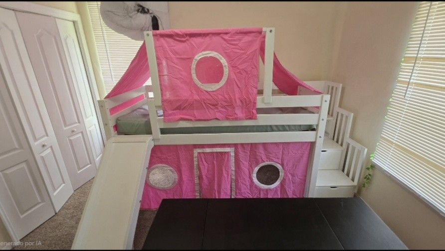 Kids Loft Bed with Slide and Stairs – Includes Mattress & Pink Castle Tent