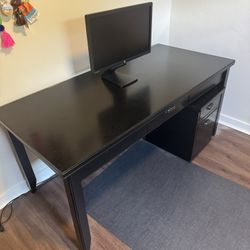 Black Office Desk With Rolling 2 Drawer Cabinet