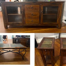 Solid wood entertainment center W/ Wooden Coffee & End Tables