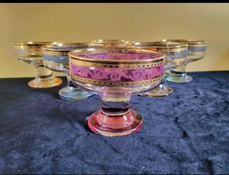 Vintage Bohemian Luster Glass Champagne Coupes Dessert Bowls Gold Gilt Set of 6