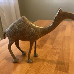 Brass camel etched statue. 5.5 inch tall x 8 inch long. Vintage/ cottage.