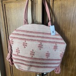 Shade & Shore Straw Fringe Tote Handbag Rose Pink