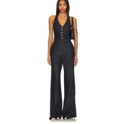 Amanda Uprichard Isadore Denim indigo halter top wide leg flare Jumpsuit S