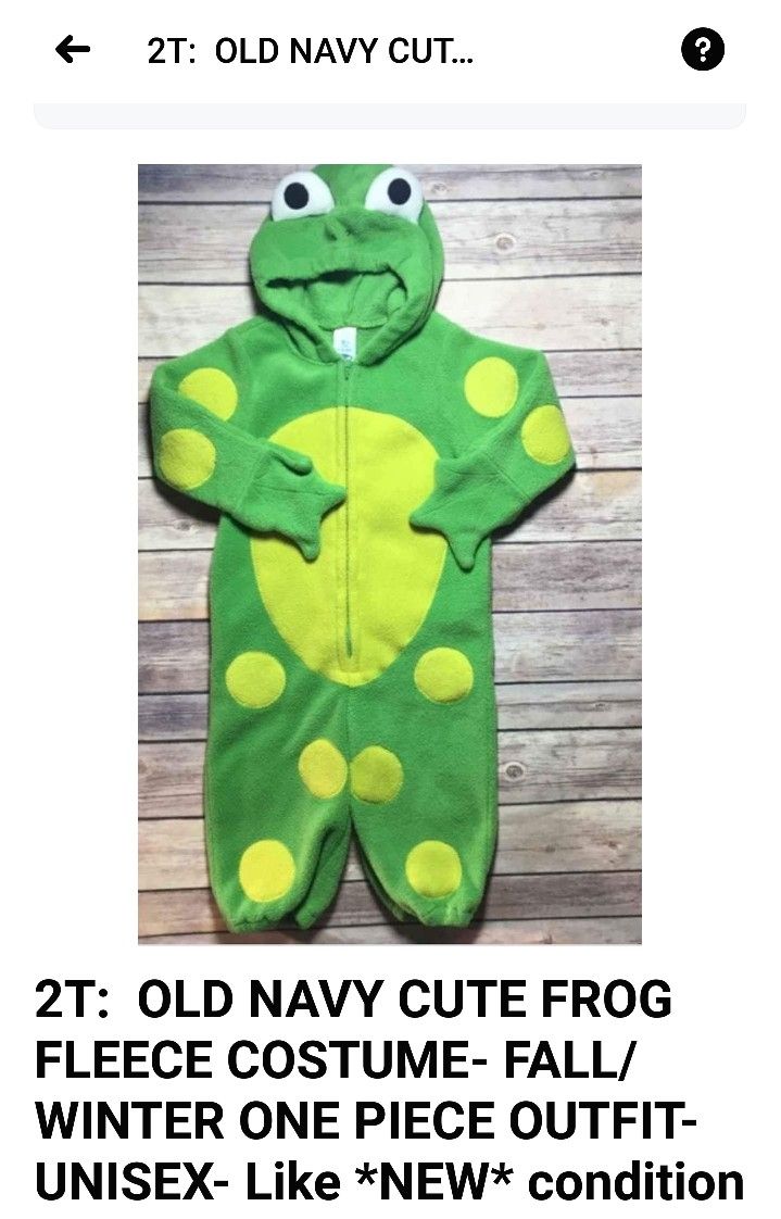 2T:  OLD NAVY FROG FLEECE SUIT, HALLOWEEN COSTUME/ FALL-WINTER ONE PIECE OUTFIT - UNISEX- in Like 🌟NEW🌟 condition.

Great for HALLOWEEN and even for