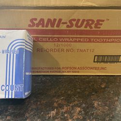 Sani-sure Sealed Case Of 12,000 Toothpicks- 11 boxes of 1000 toothpicks are sealed 