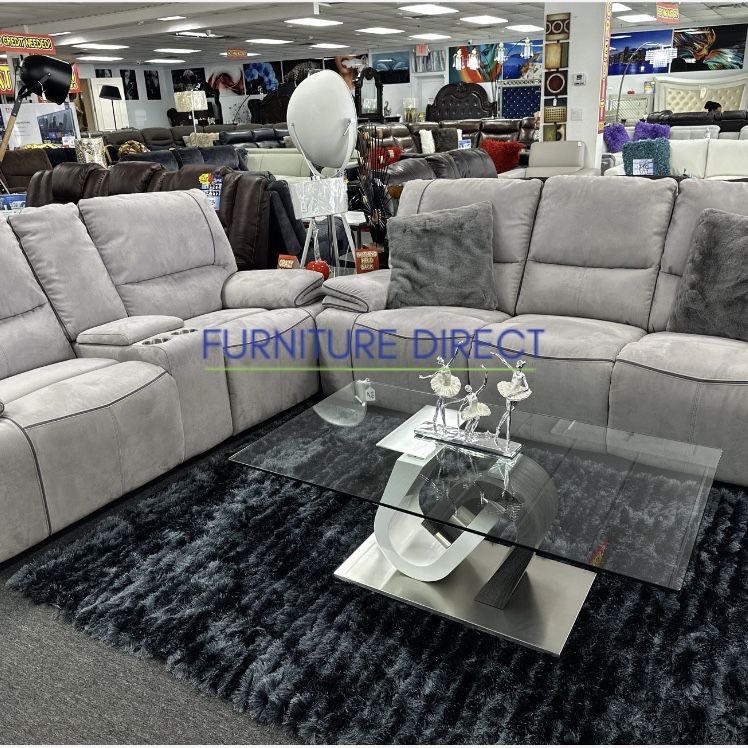 Beautiful Two-Tone, Gray Fabric Sofa And Loveseat Set Now 65% Off, Power Head And Foot Reclining