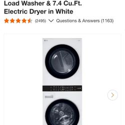 LG
WashTower Stacked SMART Laundry Center 4.5 Cu.Ft. Front Load Washer & 7.4 Cu.Ft. Electric Dryer in White