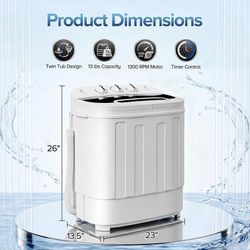Compact double tub mini washing machine, 13 pounds capacity, portable washing machine with washing and spinning cycle, integrated gravity drain for ca