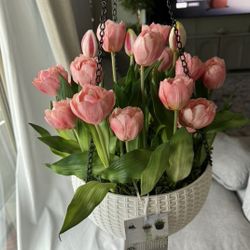 Martha Stewart Faux Pink Peony Tulip Hanging Basket - New
