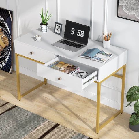 47” White And Gold Computer Desk