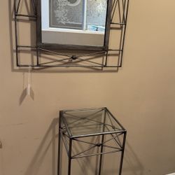 Three Glass End Tables With Matching Mirror