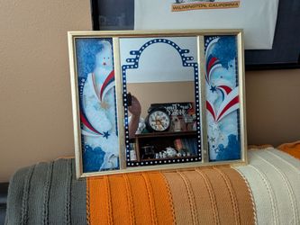 Vintage 70s carnival prize mirror wall hanging, red white blue on the sides, mirror center in gold frame wall hanging, retro decor