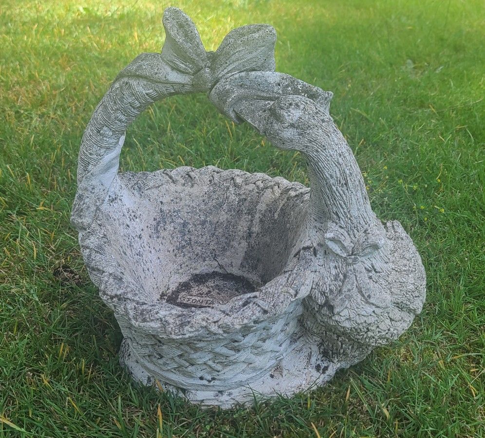 Vintage Heavy Concrete Goose With Basket Planter 