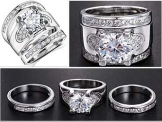 3 Pc Bridal Set Rings Round Cut CZ 5.56 Ct Cubic Zirconia Silver Promise Engagement Wedding Sz 5-11