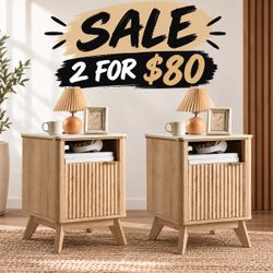 Nightstand Set of 2 with Cabinet and Open Shelf