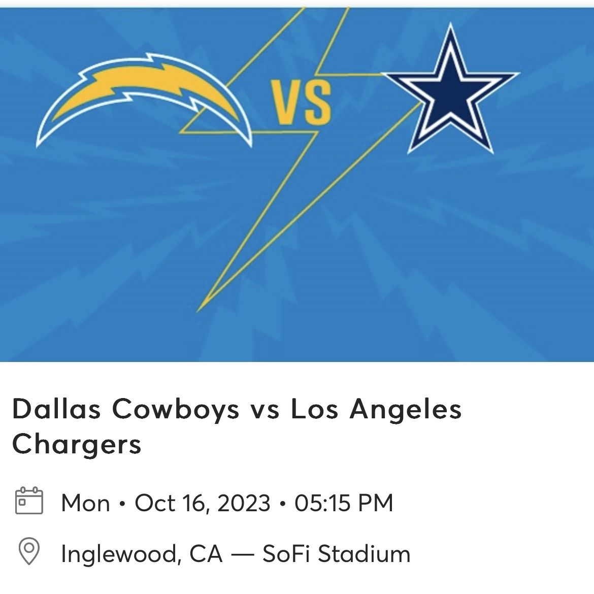 Los Angeles Chargers vs. Dallas Cowboys Tickets Oct 16, 2023 Inglewood, CA