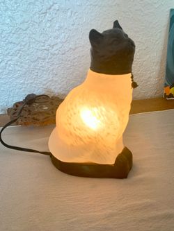 Vintage kitty, cat, accent lamp, frosted white glass, bronze, metal, head, and base