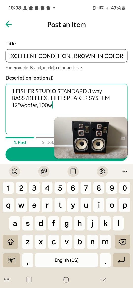 FISHER STUDIO STANDARD 3 WAY STEREO SPEAKER EXCELLENT CONDITION, BROWN IN COLOR