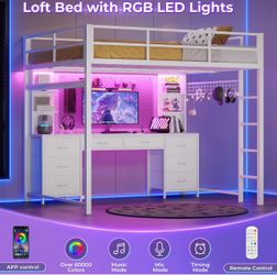 Loft Bed with LED Lights & Shelves