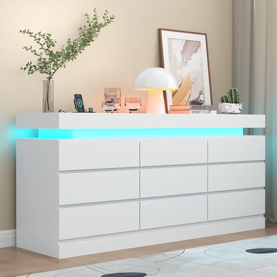 9 Drawer Dresser with Power Outlet, Dresser with LED Light, Modern Chest of Drawers for Closet, Double Wide Drawer Organizer Cabinet for Be