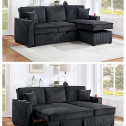 🔥 Sectional Sofa Bed, Black Color, Corduroy Fabric, New In The Box 