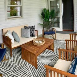 Outdoor patio teak wood sofa with chairs and coffee table