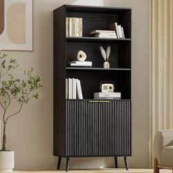 2039a  LYNSOM Black Bookshelf, 70.9" Tall Book Shelf, 5-Tier Bookcase with Fluted Doors and Adjustable Shelves, Wooden Storage Cabinet for Living Room
