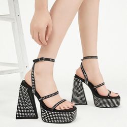 Women's Luxury Rhinestone Platform Sandals Roman Block High Heels Party Shoes, $50 Or Best Offer 