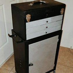 VINTAGE BLACK SILVER STEEL METAL ROLLING TOOL BOX TOOLBOX CART STORAGE ORGANIZER WORKBENCH STATION 