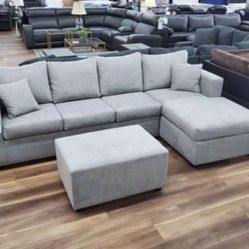 New Light Gray, Dark Gray, Black, Or Purple USA Made Sectional And Ottoman Sofa Couch 