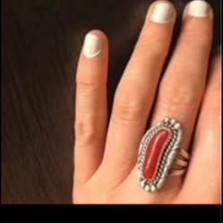 Sterling Silver Ring w/ genuine Red Coral. Navajo Stamped "sterling". Artist Signed "NE". Size 6.