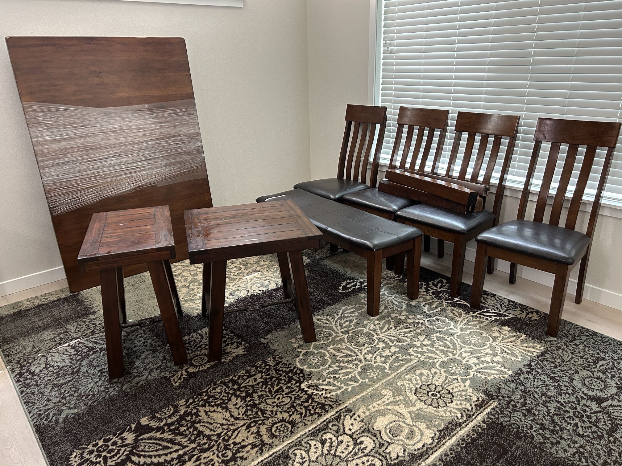 Table With Bench And 4 Chairs, Area Rug, 2 End Tables