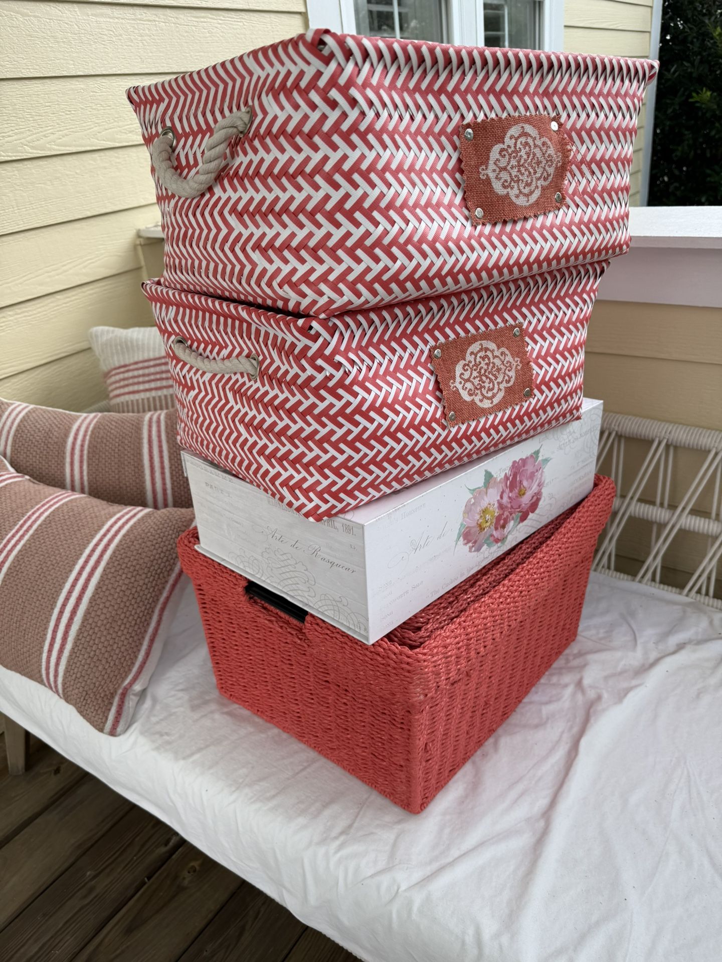 9 Coral pink storage organization baskets -4 stackable -2 rattan -2 fabric - flip top