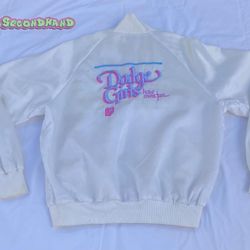 1980s Vintage Dodge Women’s Large bomber jacket white button up , made in USA . 100% nylon 25’ length 22’ pit to pit 22’ sleeve. Absolutely fantastic 