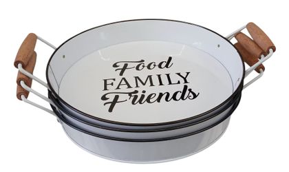 Round Metal Serving Tray with Wood Handles 2 pcs set