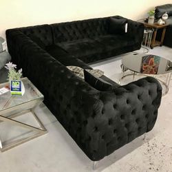 Sectional Couch/ Black Velvet/ L Shape Living Room Sofa Set 