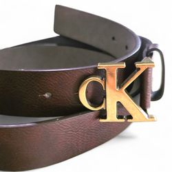 Calvin Klein Brown Belt Men XL 42-44 Synthetic Leather Monogram Gold Buckle BQGB