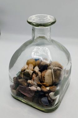 Decorative Clear Glass Bottle Vase with Stones & Sea Glass – 7"