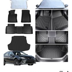Floor Mats for Toyota Camry 2018-2024 (Not for Hybrid), All Weather Protection Custom Floor Mats Trunk Cargo and Car Windshield Cover Set for Toyota C