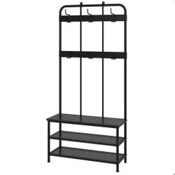  Black Coat rack with shoe storage bench