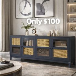 Retro 4-Door Sideboard with Large Storage Space and Rattan Doors for Home Entryway Decor