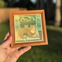 Vtg Tabby Cat Ceramic Trivet 